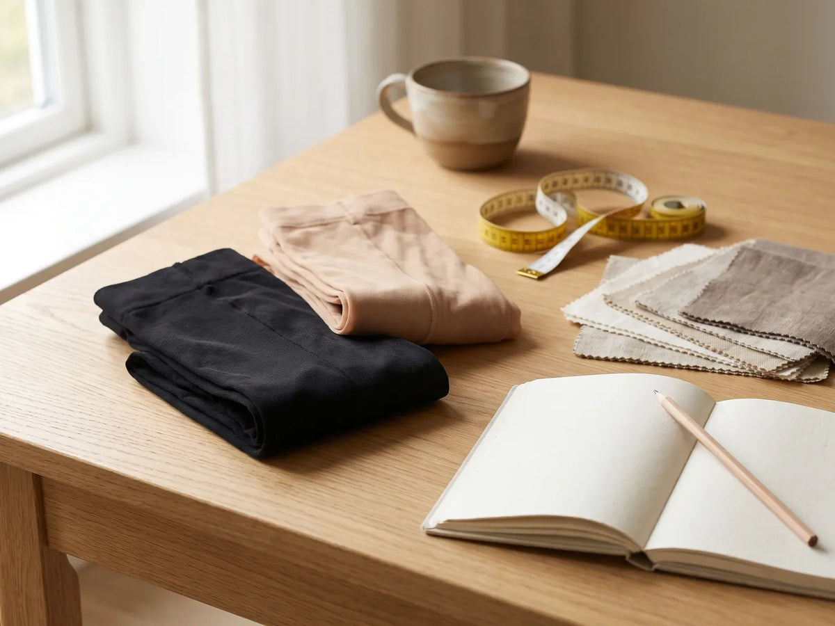 Gefaltete schwarze und hautfarbene Strumpfhose mit Maßband, Stoffmustern und Notizbuch