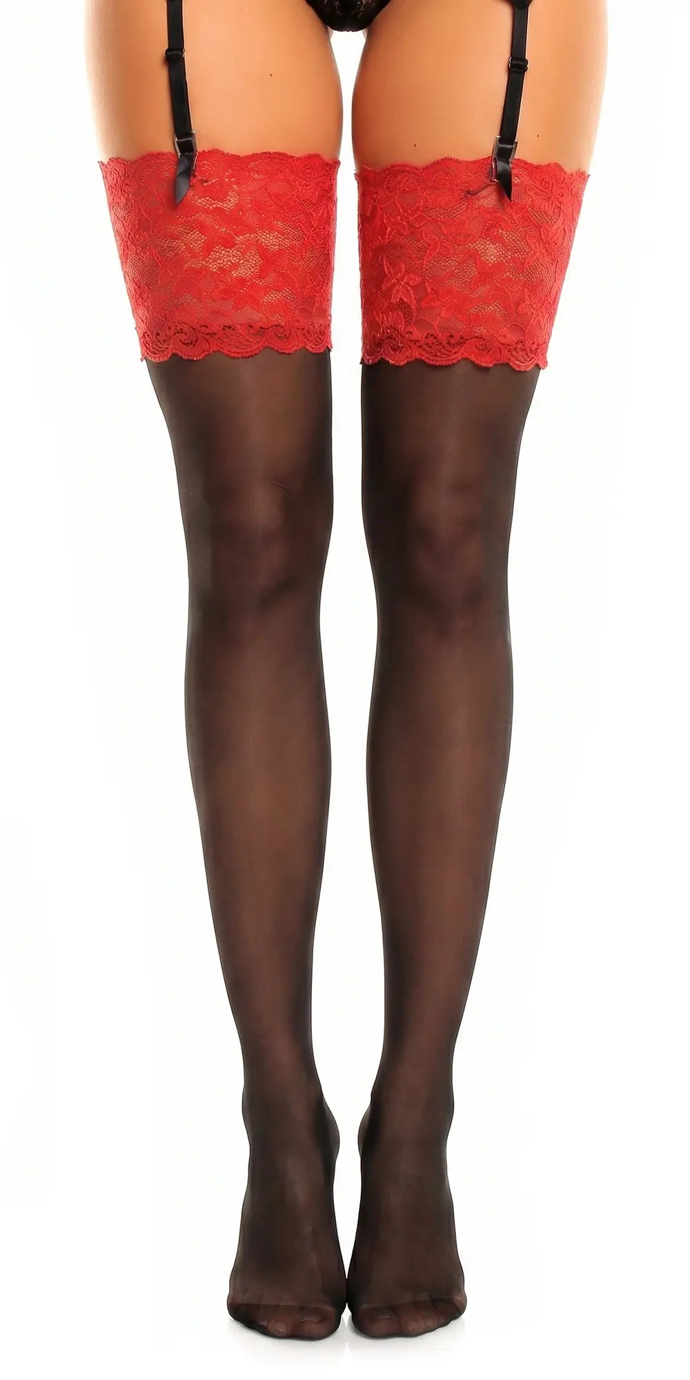 Glamory Luxury 20 Strapsstrümpfe in Übergrößen - black-red Frontansicht