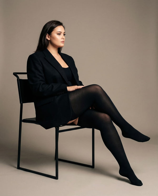 Detailansicht der schwarzen 60 Denier Microfaser Ouvert Strumpfhose für große Größen. Fokus auf die hochwertige, verstärkte Schrittöffnung.