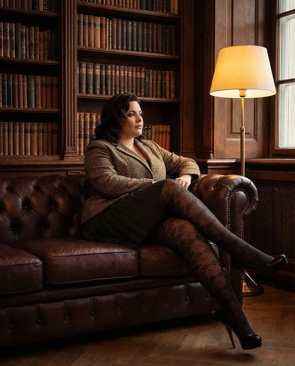 Glamory Argyle 70 blickdichte Strumpfhose in Schwarz mit klassischem Karomuster im schottischen Stil am Bein. Editorial